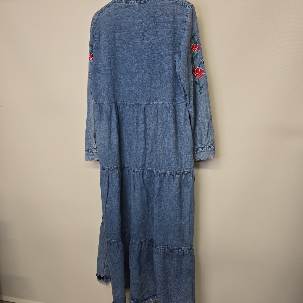Vintage Denim‎ Maxi Dress Embroidered Roses Boho Festival Long Sleeve Womens - Picture 2 of 7